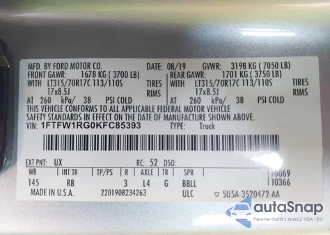 2019 Ford F-150 Raptor z USA, uszkodzony, nr VIN 1FTFW1RG0KFC85393